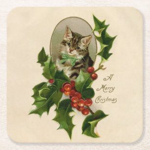 Cat Christmas Merry Holly Kitten Antique Art Rechteckiger Pappuntersetzer