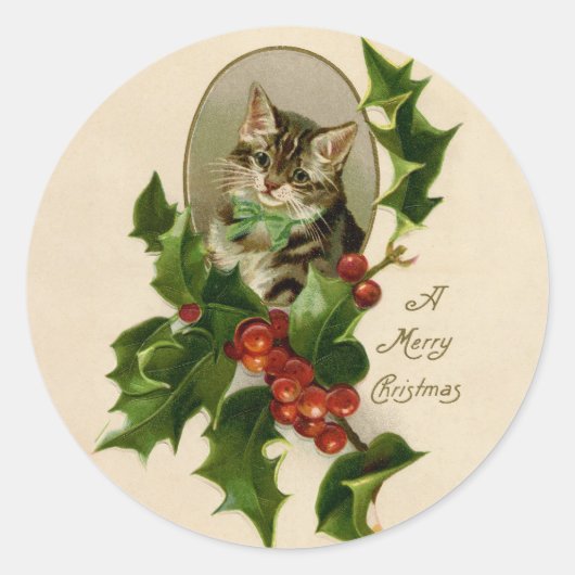 Cat Christmas Merry Holly Kitten Antique Art Runder Aufkleber (Vorderseite)