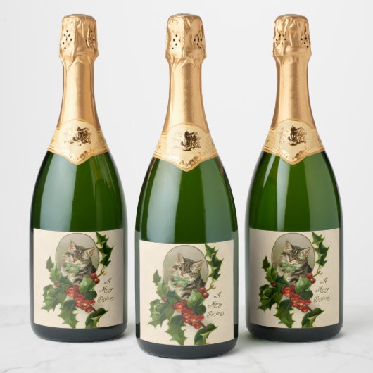 Cat Christmas Merry Holly Kitten Antique Art Schaumweinetikett (Flaschen)