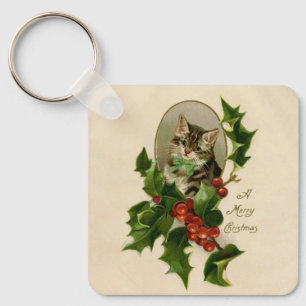 Cat Christmas Merry Holly Kitten Antique Art Schlüsselanhänger