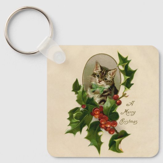 Cat Christmas Merry Holly Kitten Antique Art Schlüsselanhänger (Vorderseite)