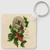 Cat Christmas Merry Holly Kitten Antique Art Schlüsselanhänger (Rückseite)