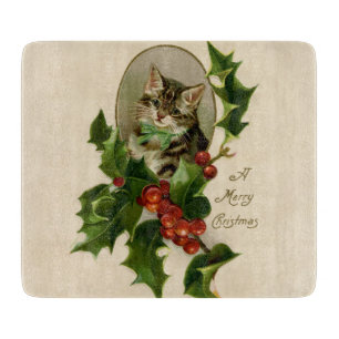 Cat Christmas Merry Holly Kitten Antique Art Schneidebrett