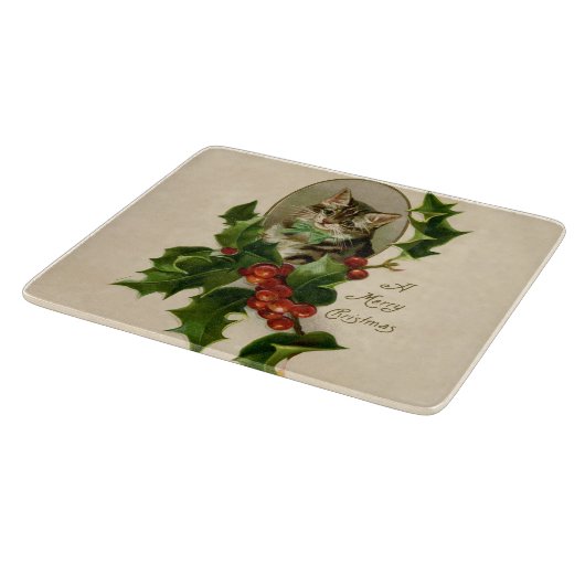 Cat Christmas Merry Holly Kitten Antique Art Schneidebrett (Ecke)