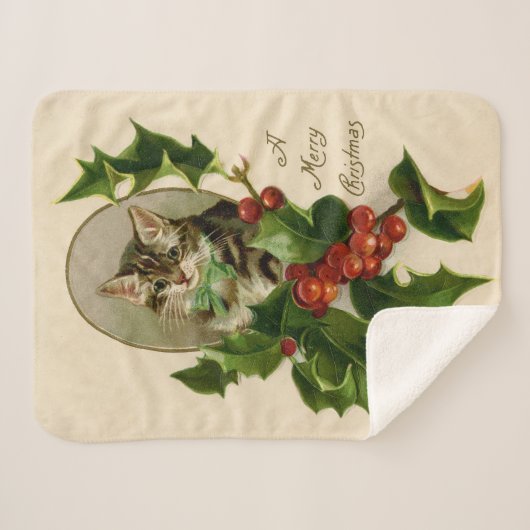 Cat Christmas Merry Holly Kitten Antique Art Sherpadecke (Vorderseite (Horizontal))
