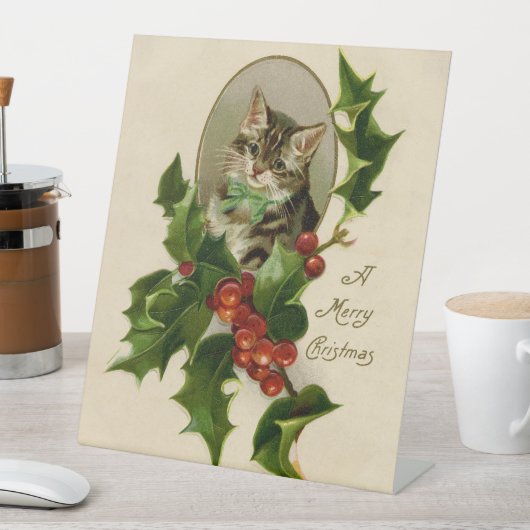 Cat Christmas Merry Holly Kitten Antique Art Sockelschild (In Situ)