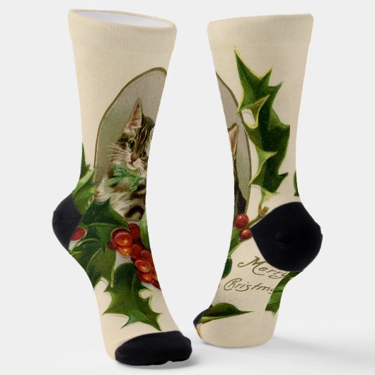 Cat Christmas Merry Holly Kitten Antique Art Socken (Gewinkelt)