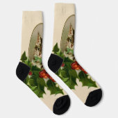 Cat Christmas Merry Holly Kitten Antique Art Socken (Rechts)