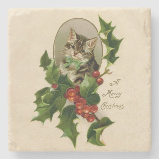 Cat Christmas Merry Holly Kitten Antique Art Steinuntersetzer (Vorderseite)