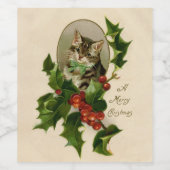 Cat Christmas Merry Holly Kitten Antique Art Weinetikett (Einzelnes Label)