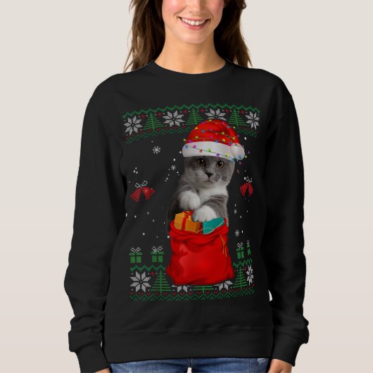 Cat Christmas Tree Lights Weihnachtsmannmütze Cat Sweatshirt (Vorderseite)