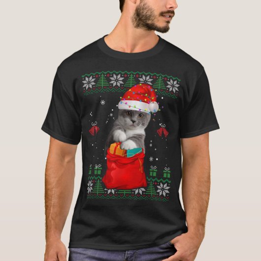 Cat Christmas Tree Lights Weihnachtsmannmütze Cat T-Shirt (Vorderseite)