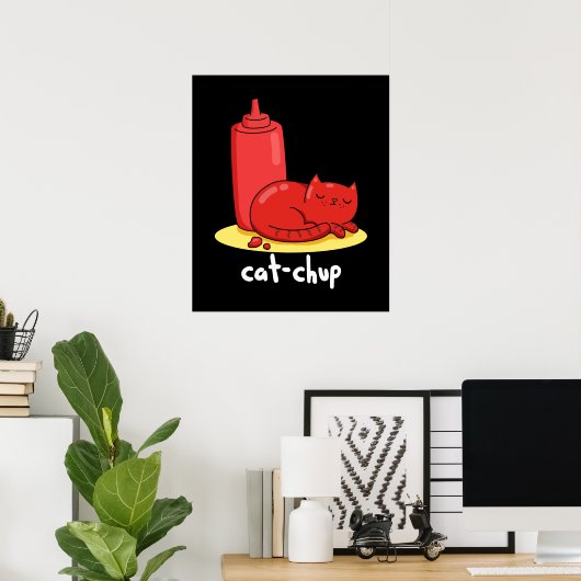 Cat chup Funny Red Ketchup Cat Pun Dark BG Poster (Heimbüro)