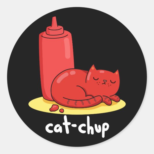 Cat chup Funny Red Ketchup Cat Pun Dark BG Runder Aufkleber (Vorderseite)