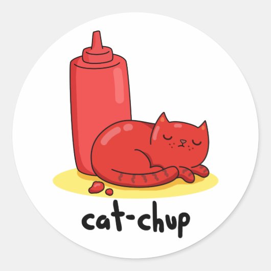 Cat chup Funny Red Ketchup Cat Pun Runder Aufkleber (Vorderseite)