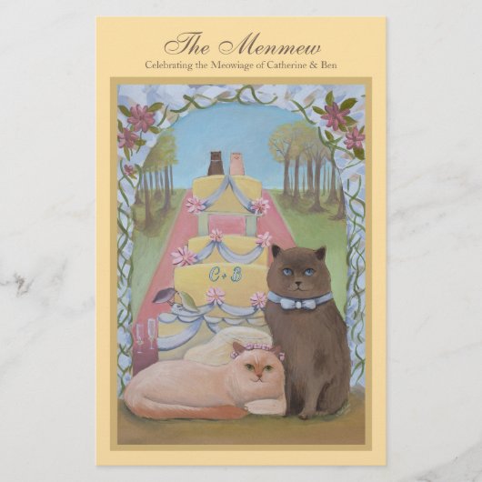 Cat Couple Yellow Wedding Menu Card (Vorderseite)