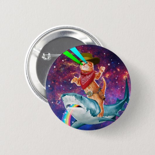Cat Cowboy mit einem Hai, der einen Regenbogen spu Button (Vorne & Hinten)