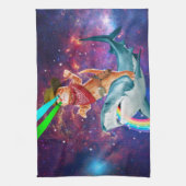 Cat Cowboy mit einem Hai, der einen Regenbogen spu Geschirrtuch (Vertikal)
