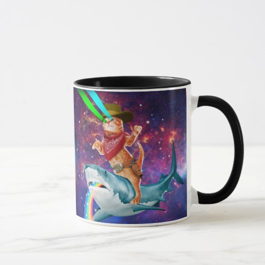 Cat Cowboy mit einem Hai, der einen Regenbogen spu Tasse (Rechts)