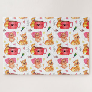 Cat crazy watercolor fun cartoon fish mice pattern puzzle