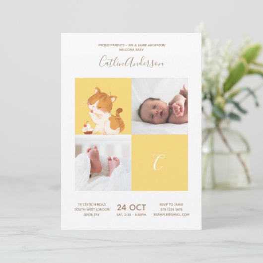Cat Cupcake ・ Alphabet Monogram Niedlich Baby Shoo Einladung (Stehend Vorderseite)
