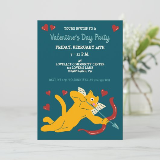 Cat Cupid Custom Valentine's Day Party Einladung (Stehend Vorderseite)