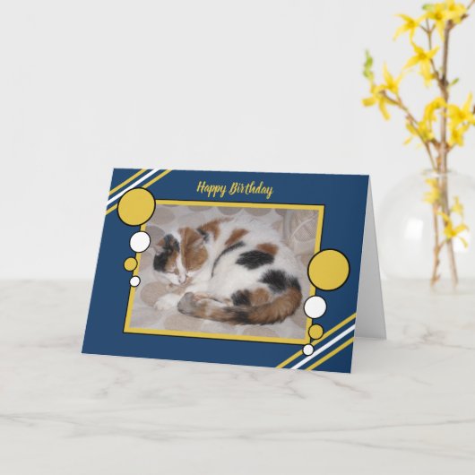 Cat curled up asleep photo navy gold birthday karte (Gelbe Blume)