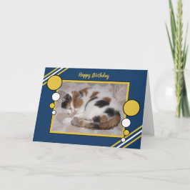 Cat curled up asleep photo navy gold birthday karte