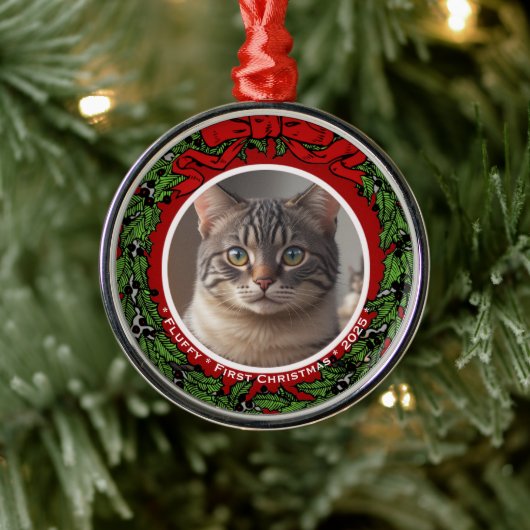 Cat Custom photo First Christmas wreath  Ornament Aus Metall (Baum)