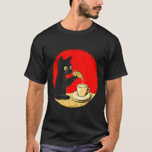 Cat Dipping Croissant in Coffee Niedlich Black Cat T-Shirt