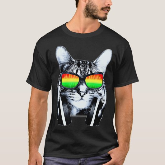 Cat DJ mit Sonnenbrille und Kopfhörer Musikkatze T-Shirt (Vorderseite)