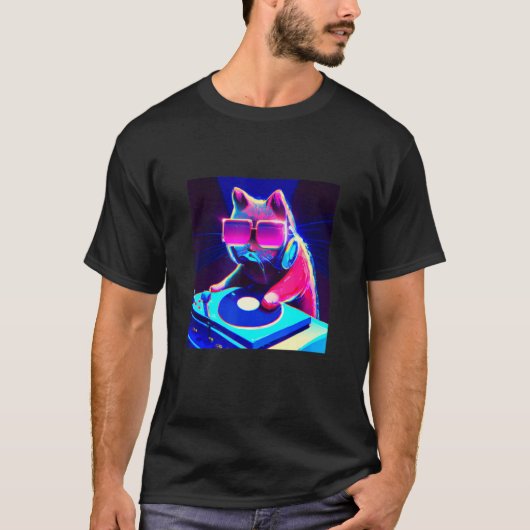 Cat DJ Vaporwave Ästhetische Männer Jungs Mädchen T-Shirt (Vorderseite)