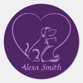 Cat, Dog and Love Line Art with Custom Name Runder Aufkleber