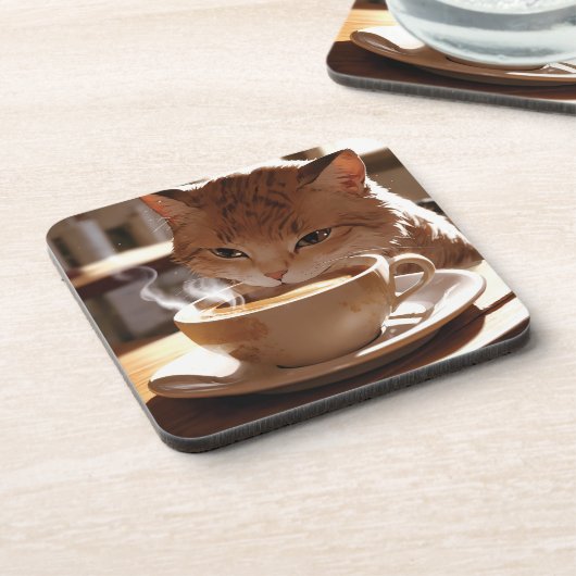 Cat drinking coffee from a cup getränkeuntersetzer (Linke Seite)