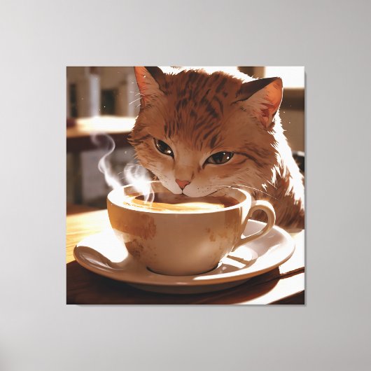 Cat drinking coffee from a cup leinwanddruck (Vorderseite)