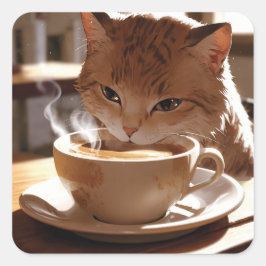 Cat drinking coffee from a cup quadratischer aufkleber