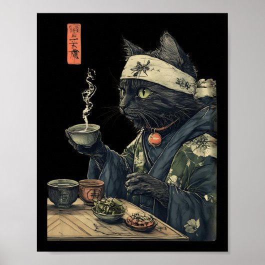 Cat Drinking Tee Japanisches Teezeremonie Kunst, D Poster (Vorne)