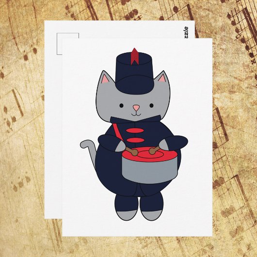 Cat Drummer Marching Band Navy Blue and Red Postkarte