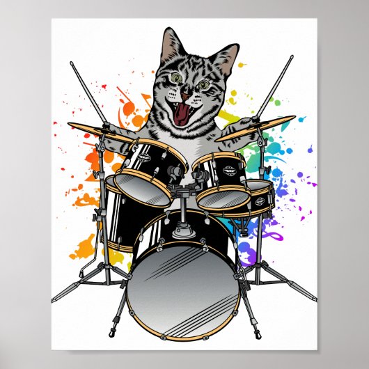 Cat Drummer Playing Drums Poster (Vorne)