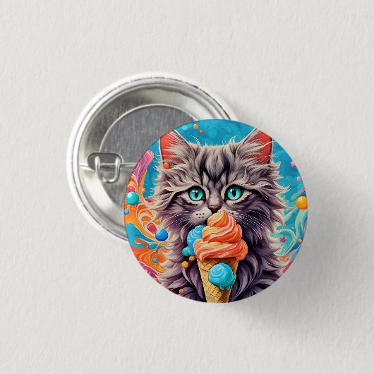 Cat Eating Ice Cream Cone Funny Kitten Cat 779 Button (Vorne & Hinten)