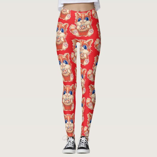Cat Eating Pizza color Leggings (Vorderseite)
