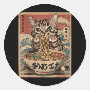 Cat Eating Ramen Noodles Kawaii Anime Manga Japane Runder Aufkleber
