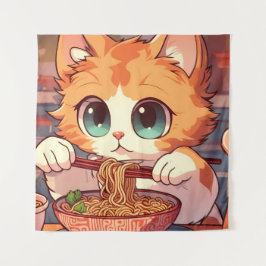 Cat Eating Ramen Noodles Wandteppich