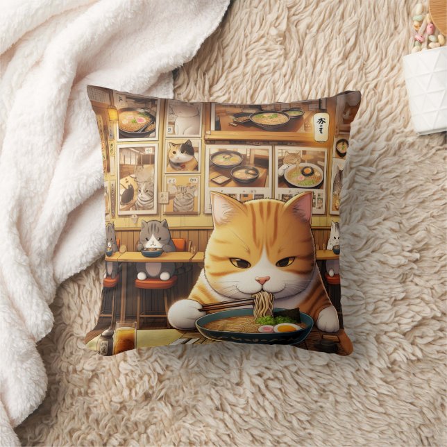 Cat Eating Ramen v1 Kissen (Decke)
