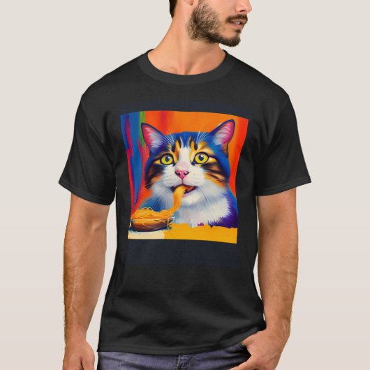 Cat Eating Spaghetti Oil Painting Style T-Shirt (Vorderseite)