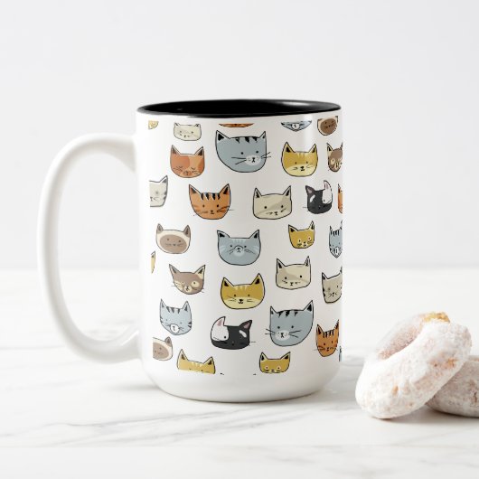 Cat Face Doodle Muster Zweifarbige Tasse (Mit Donut)