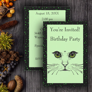 Cat Face Green Eyes Whiskers on Green Polka Docks Einladung