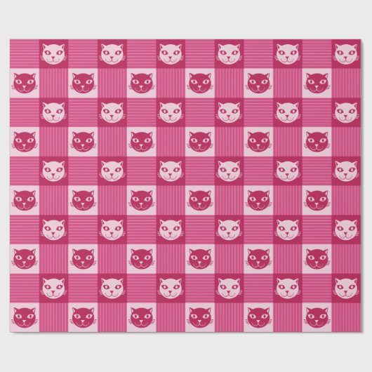 Cat Face Pink Gingham Geschenkpapier (Flach)