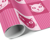 Cat Face Pink Gingham Geschenkpapier (Rolleneckpunkt)