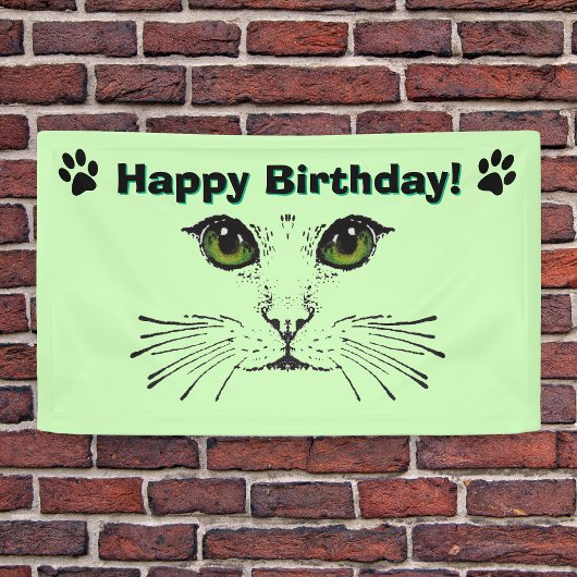Cat Face Whiskers Green Eyes Paw Prints Birthday Banner